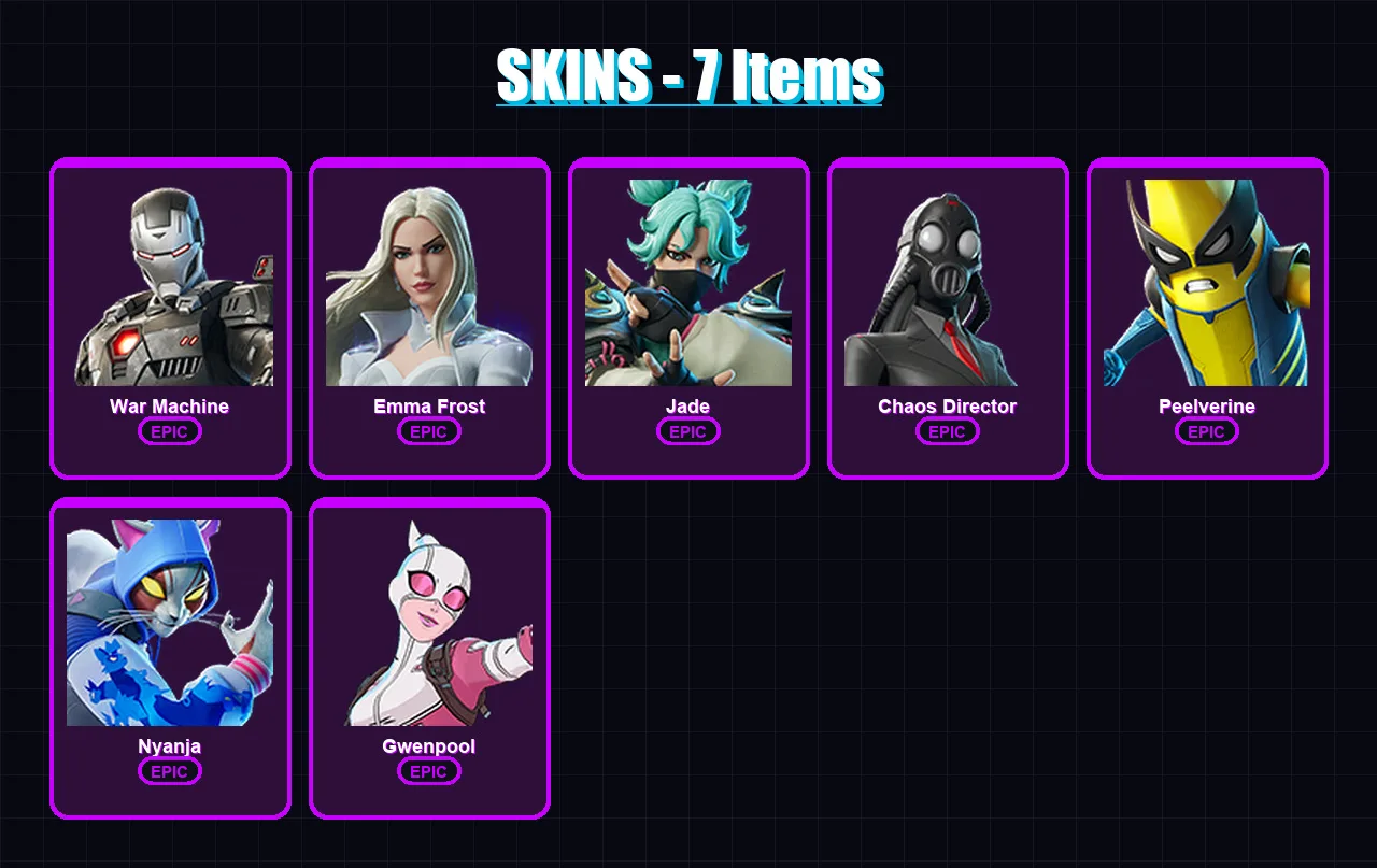 [PS4/PS5/XBOX/PC] | War Machine | Emma Frost | Jade | Chaos Director | Peelverine | 7 skin | 17 pickaxe | 20 emote | 14 glider | Lv216