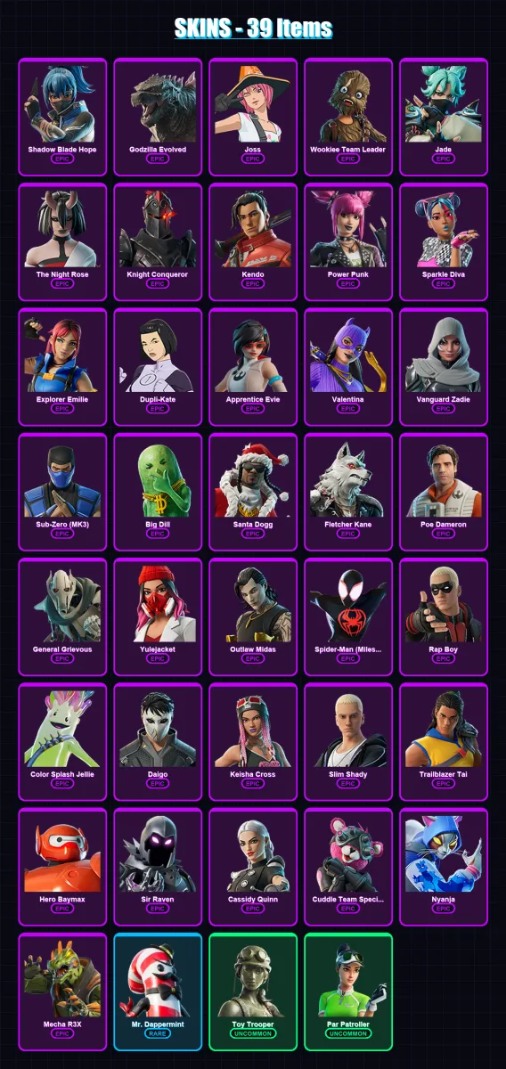 [PS4/PS5/XBOX/PC] | Shadow Blade Hope | Godzilla Evolved | Joss | Wookiee Team Leader | Jade | 39 skin | 48 pickaxe | 40 emote | 32 glider | Lv495