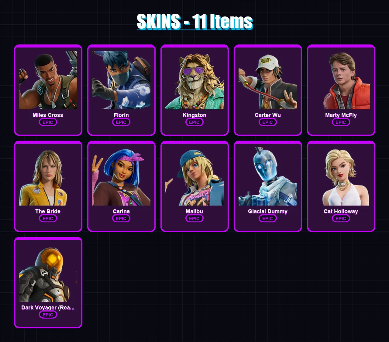 [PS4/PS5/XBOX/PC] | Miles Cross | Florin | Kingston | Carter Wu | Marty McFly | 11 skin | 21 pickaxe | 14 emote | 15 glider | Lv114 — Fortnite account