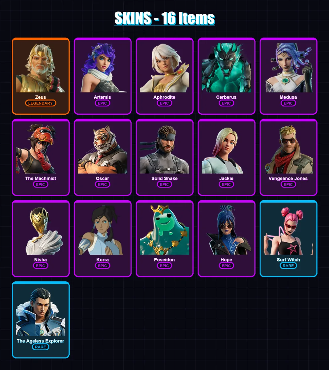 [PC/PSN] | Zeus | Artemis | Aphrodite | Cerberus | Medusa | 16 skin | 24 pickaxe | 18 emote | 19 glider | Lv201