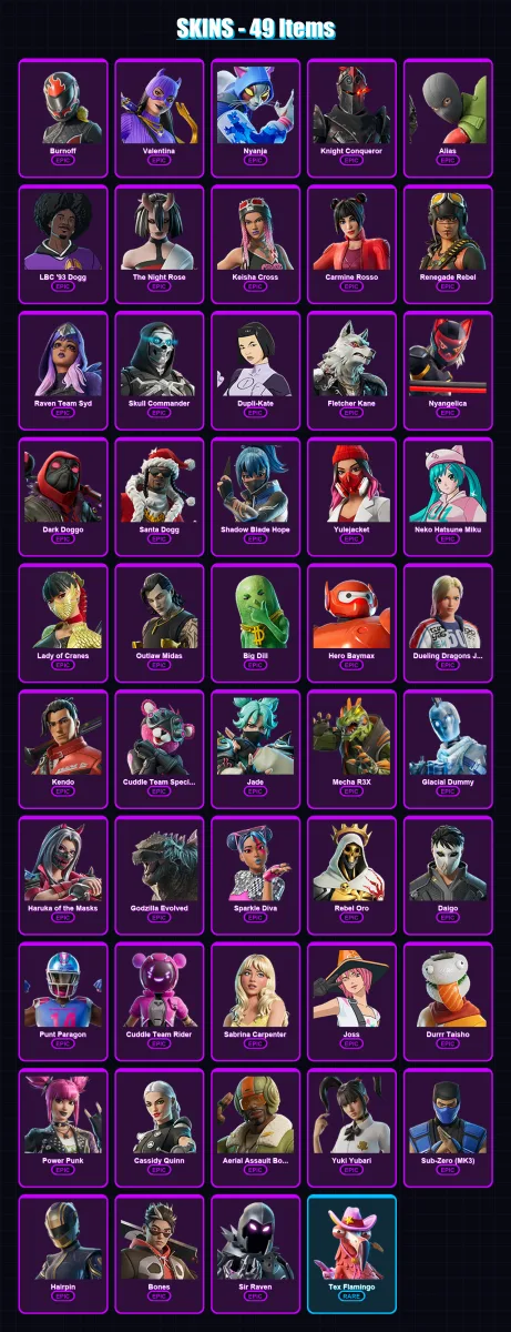 [PC/PSN] | Burnoff | Valentina | Nyanja | Knight Conqueror | Alias | 49 skin | 86 pickaxe | 54 emote | 55 glider | Lv524