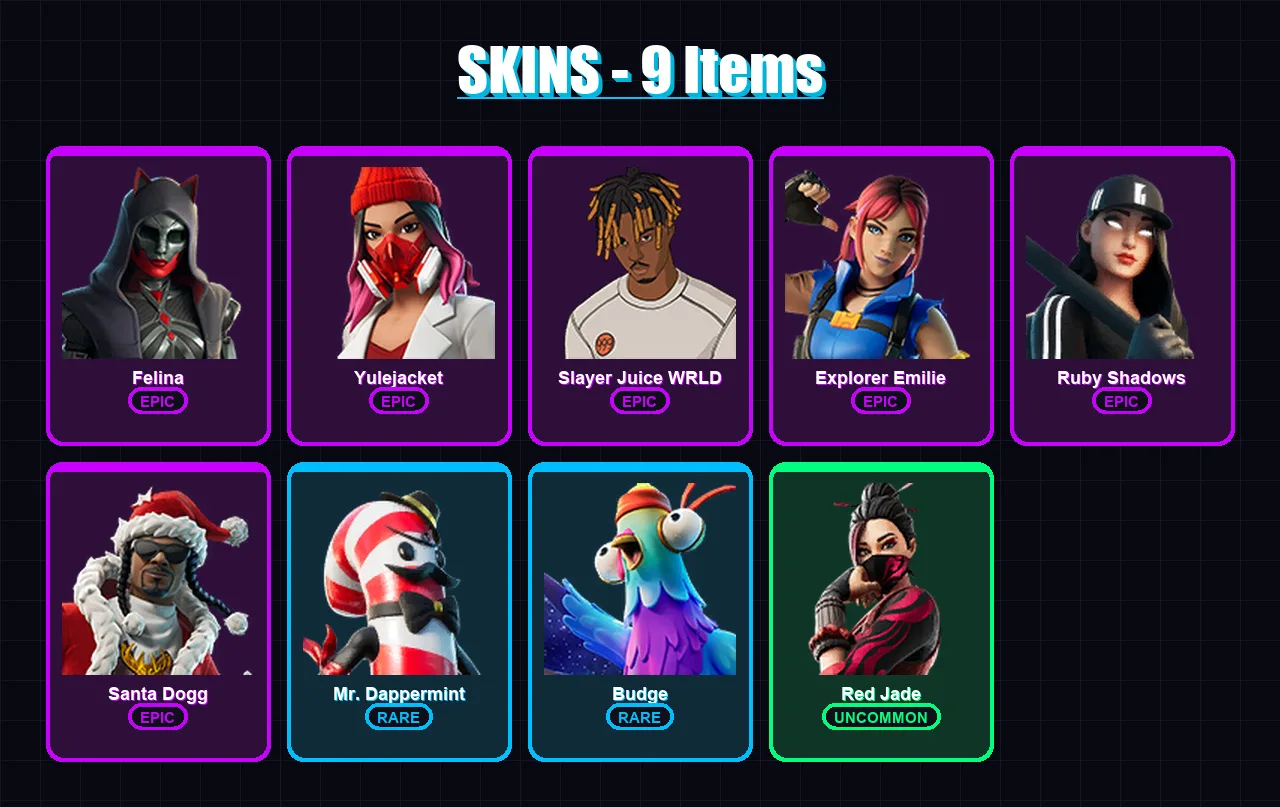 [PC/XBOX/PSN] | Felina | Yulejacket | Slayer Juice WRLD | Explorer Emilie | Ruby Shadows | 9 skin | 35 pickaxe | 19 emote | 29 glider | Lv560