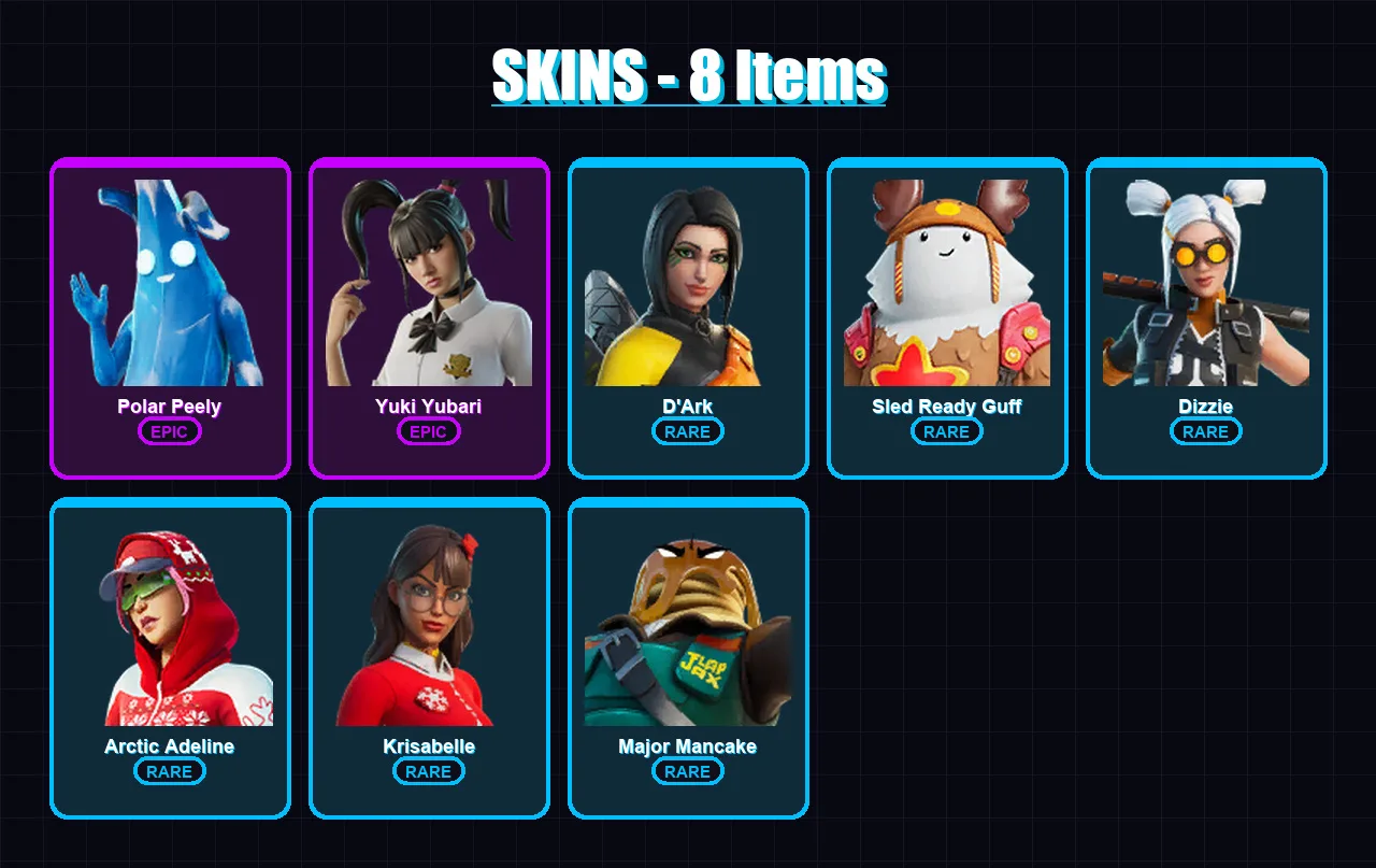 [PC/PSN] | Polar Peely | Yuki Yubari | D'Ark | Sled Ready Guff | Dizzie | 8 skin | 12 pickaxe | 9 emote | 10 glider | Lv84