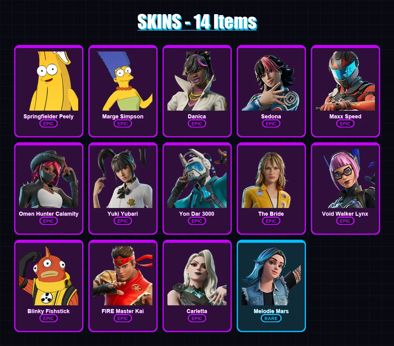 [PC/PSN] | Springfielder Peely | Marge Simpson | Danica | Sedona | Maxx Speed | 14 skin | 10 pickaxe | 6 emote | 8 glider | Lv34