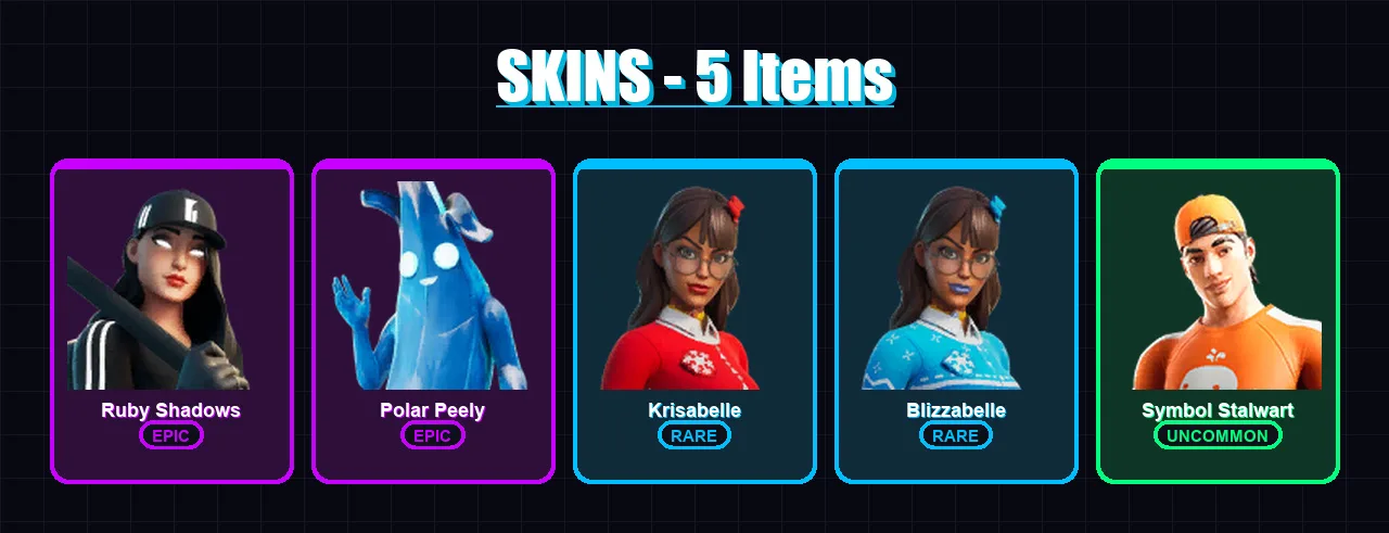 [PC/XBOX/PSN] | Ruby Shadows | Polar Peely | Krisabelle | Blizzabelle | Symbol Stalwart | 5 skin | 12 pickaxe | 15 emote | 13 glider | Lv168