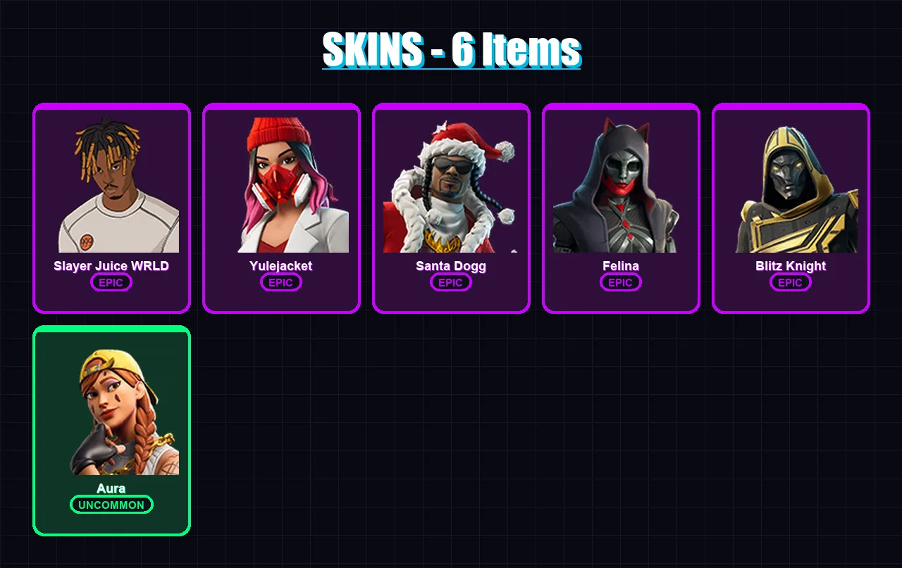 [PS4/PS5/XBOX/PC] | Slayer Juice WRLD | Yulejacket | Santa Dogg | Felina | Blitz Knight | 6 skin | 34 pickaxe | 9 emote | 14 glider | Lv557