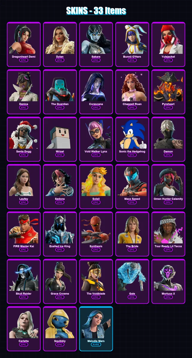 [PC/PSN] | Dragonheart Demi | Dylan | Sakara | Bunnii O'Hare | Yulejacket | 33 skin | 27 pickaxe | 7 emote | 11 glider | Lv40