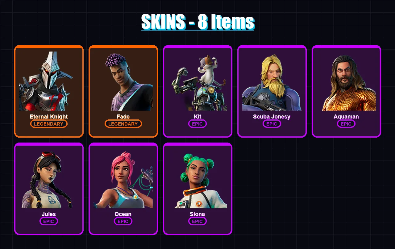 [PC/XBOX/PSN] | Eternal Knight | Fade | Kit | Scuba Jonesy | Aquaman | 8 skin | 15 pickaxe | 19 emote | 19 glider | Lv265