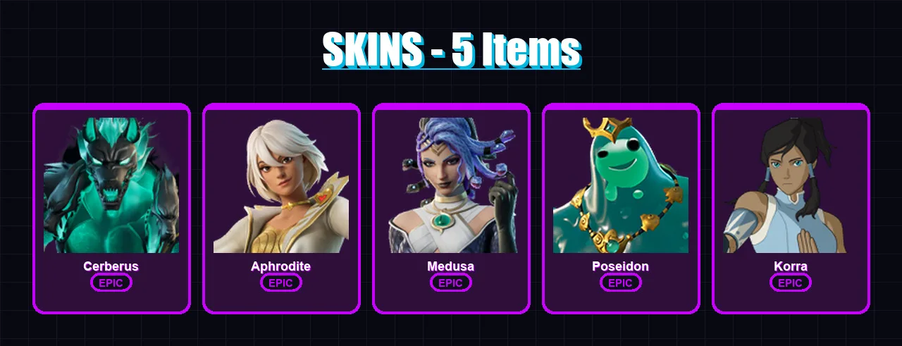 [PC/XBOX/PSN] | Cerberus | Aphrodite | Medusa | Poseidon | Korra | 5 skin | 10 pickaxe | 8 emote | 9 glider | Lv102
