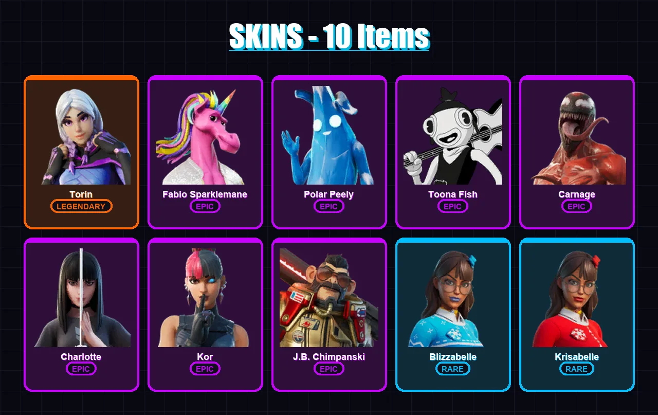 [PC/XBOX/PSN] | Torin | Fabio Sparklemane | Polar Peely | Toona Fish | Carnage | 10 skin | 12 pickaxe | 16 emote | 11 glider | Lv243 — Fortnite account