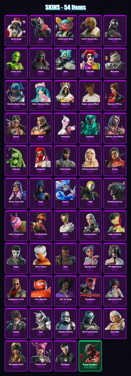 [PS4/PS5/XBOX/PC] | Santa Dogg | Ares | Undercover Skye | Aerial Assault Bomber | Chaos Director | 54 skin | 63 pickaxe | 32 emote | 42 glider | Lv4