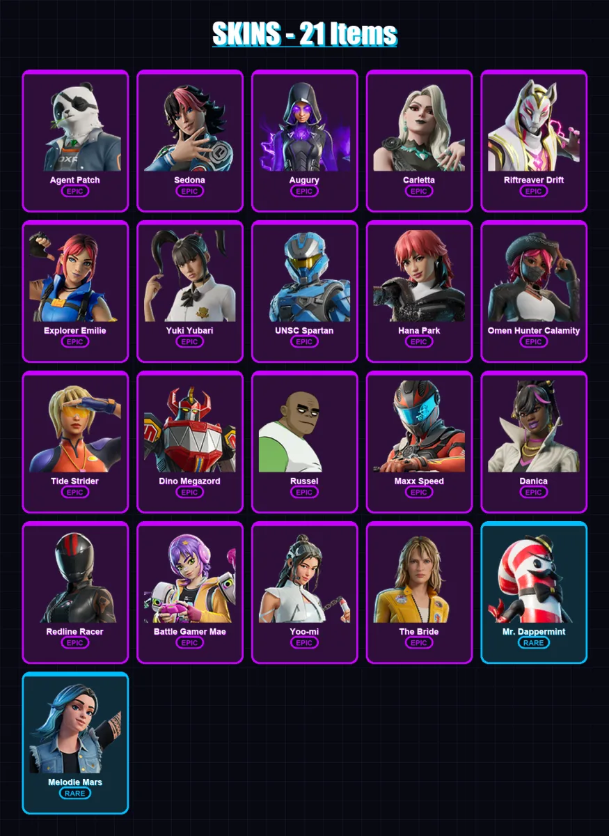 [PC/PSN] | Agent Patch | Sedona | Augury | Carletta | Riftreaver Drift | 21 skin | 22 pickaxe | 14 emote | 9 glider | Lv59