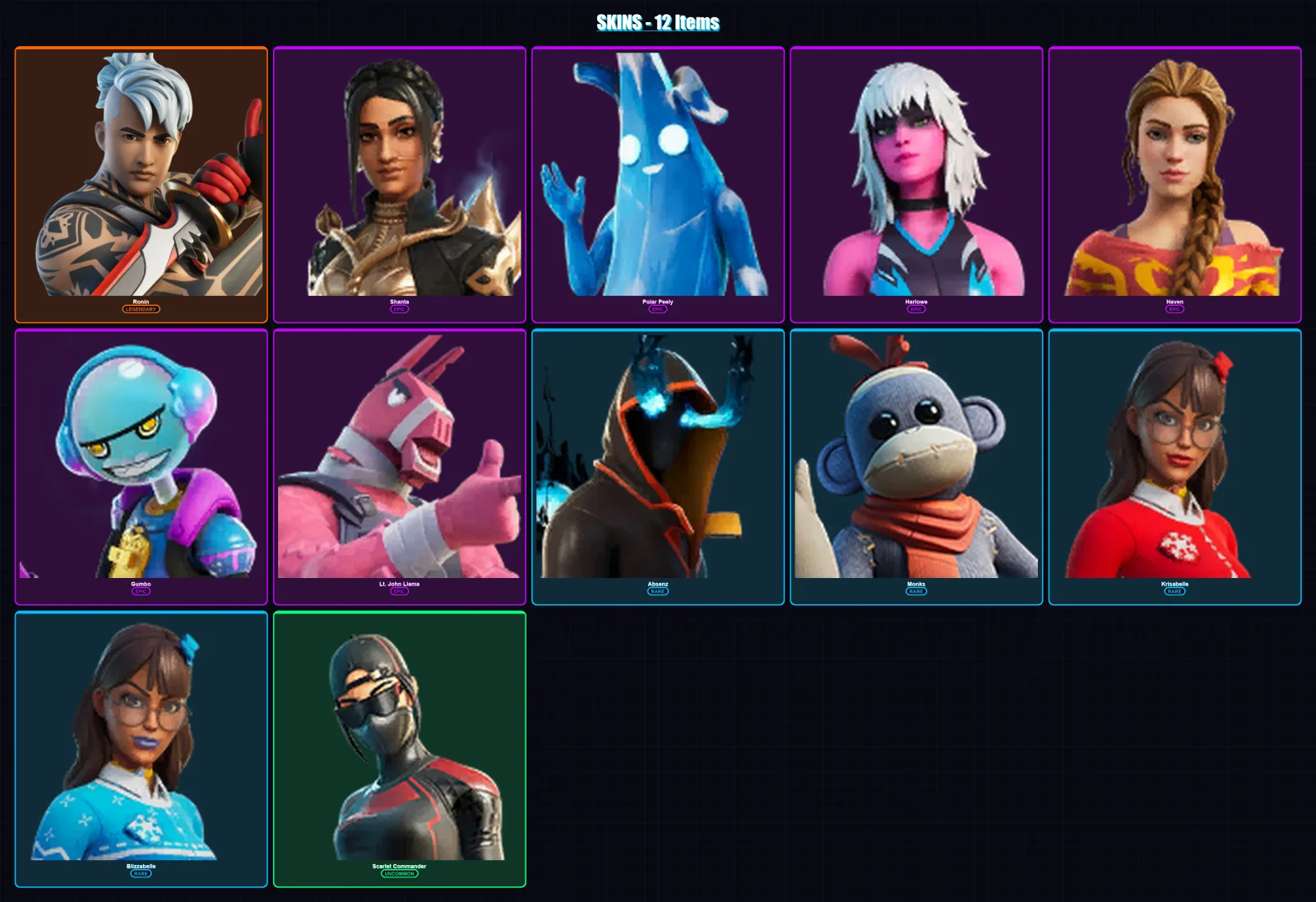 [PC/XBOX/PSN] | Ronin | Shanta | Polar Peely | Harlowe | Haven | 12 skin | 12 pickaxe | 11 emote | 10 glider | Lv93