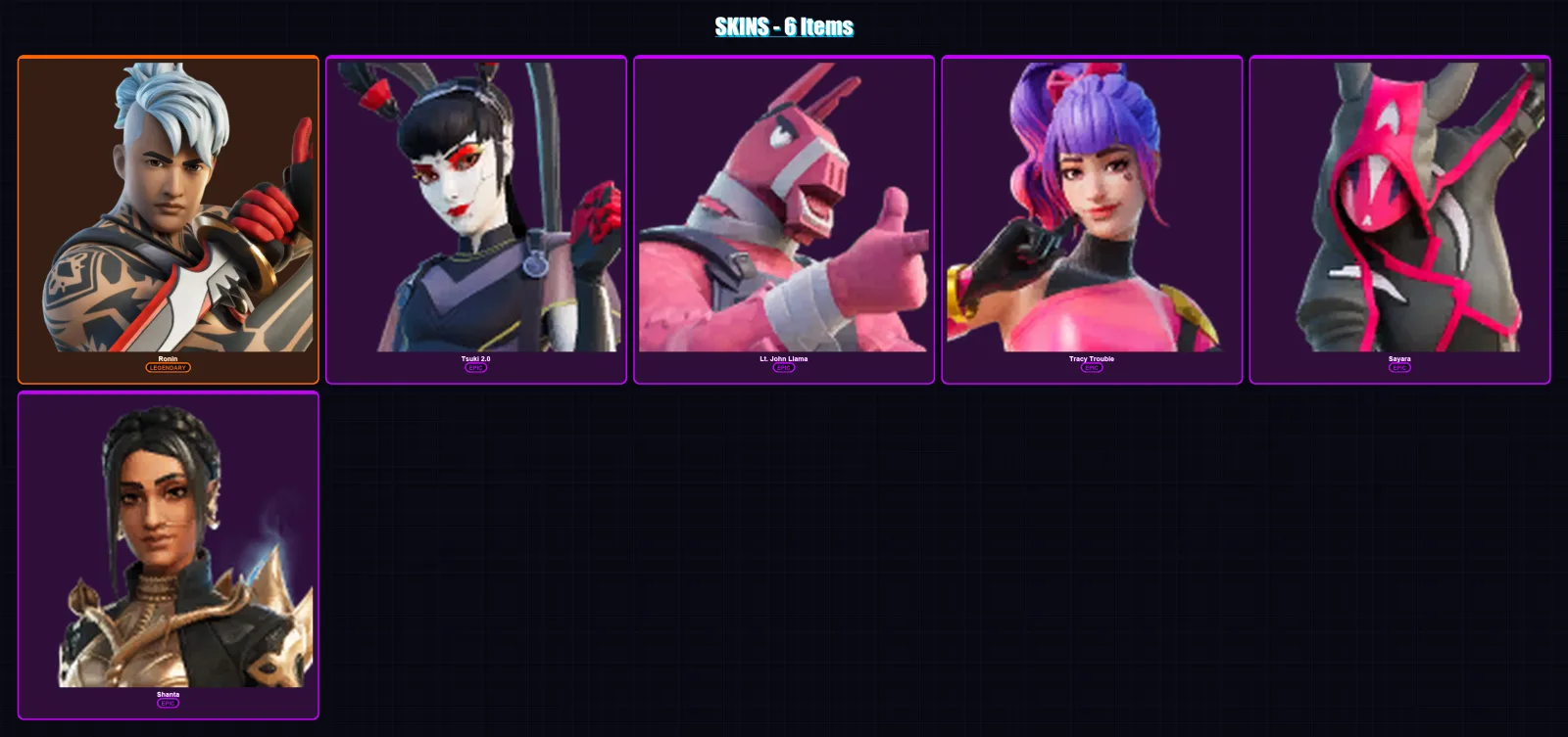 [PS4/PS5/XBOX/PC] | Ronin | Tsuki 2.0 | Lt. John Llama | Tracy Trouble | Sayara | 6 skin | 6 pickaxe | 7 emote | 5 glider | Lv35