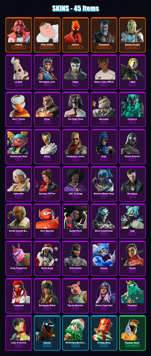 [PC/PSN] | Valeria | Peter Griffin | Inferno | Omegarok | Spectra Knight | 45 skin | 73 pickaxe | 47 emote | 52 glider | Lv599