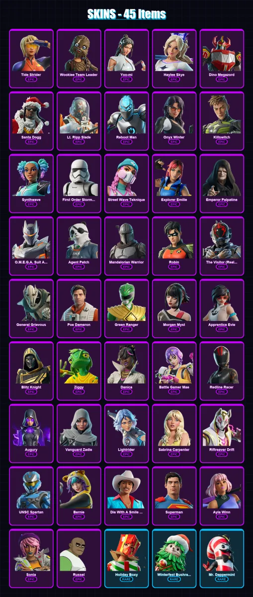 [PC/XBOX/PSN] | Tide Strider | Wookiee Team Leader | Yoo-mi | Haylee Skye | Dino Megazord | 45 skin | 74 pickaxe | 47 emote | 44 glider | Lv710