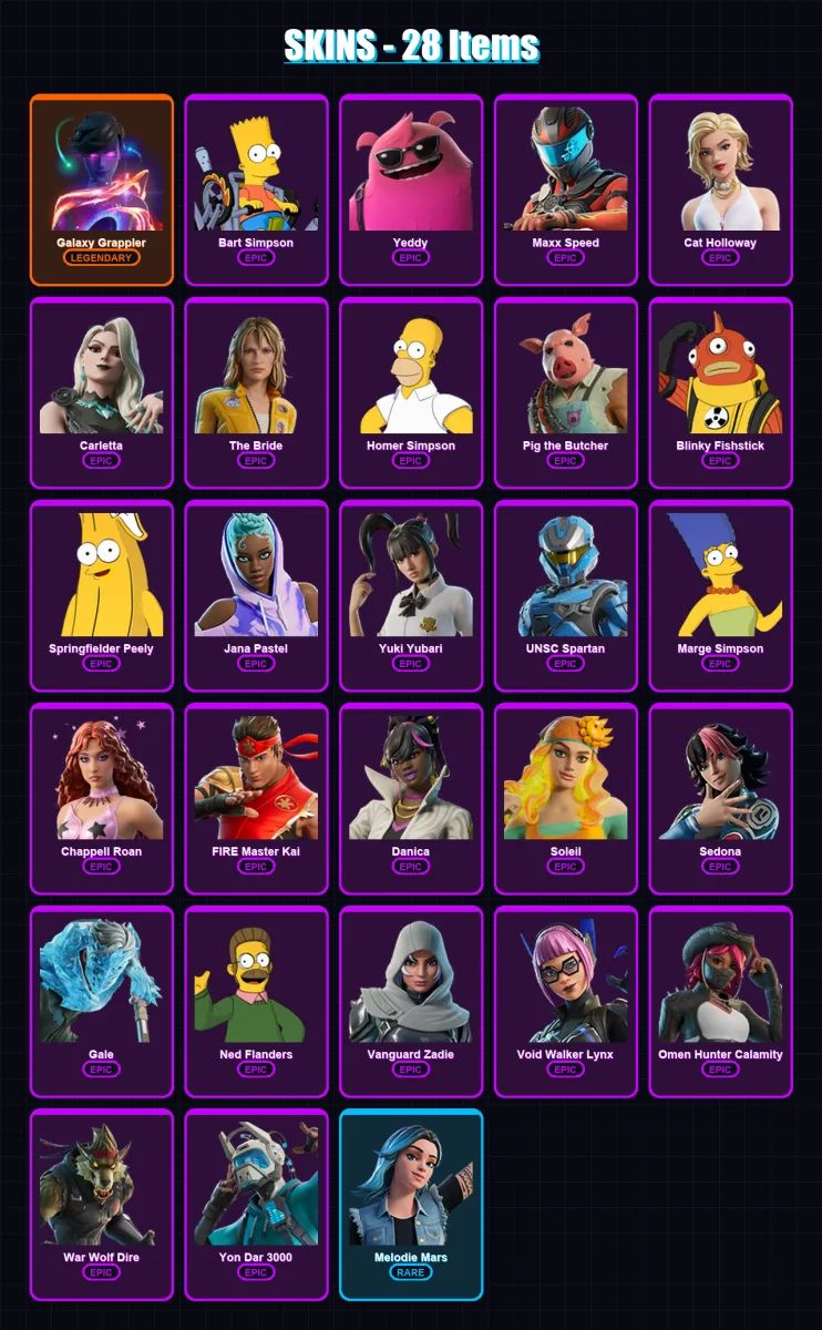 [PC/PSN] | Galaxy Grappler | Bart Simpson | Yeddy | Maxx Speed | Cat Holloway | 28 skin | 75 pickaxe | 42 emote | 39 glider | Lv849