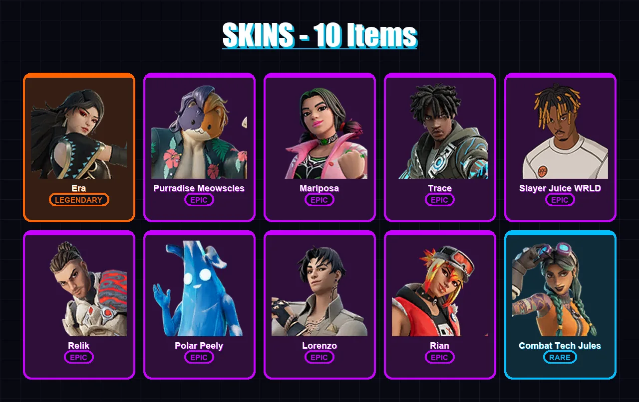 [PC/PSN] | Era | Purradise Meowscles | Mariposa | Trace | Slayer Juice WRLD | 10 skin | 20 pickaxe | 15 emote | 21 glider | Lv174 — Fortnite account