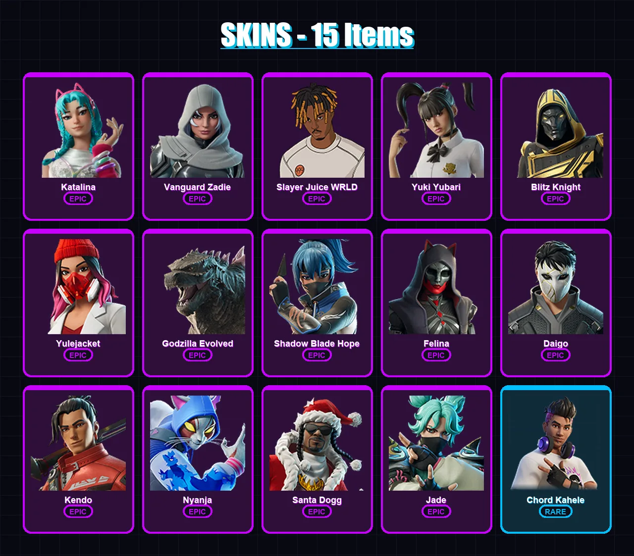 [PC/XBOX/PSN] | Katalina | Vanguard Zadie | Slayer Juice WRLD | Yuki Yubari | Blitz Knight | 15 skin | 55 pickaxe | 24 emote | 27 glider | Lv429