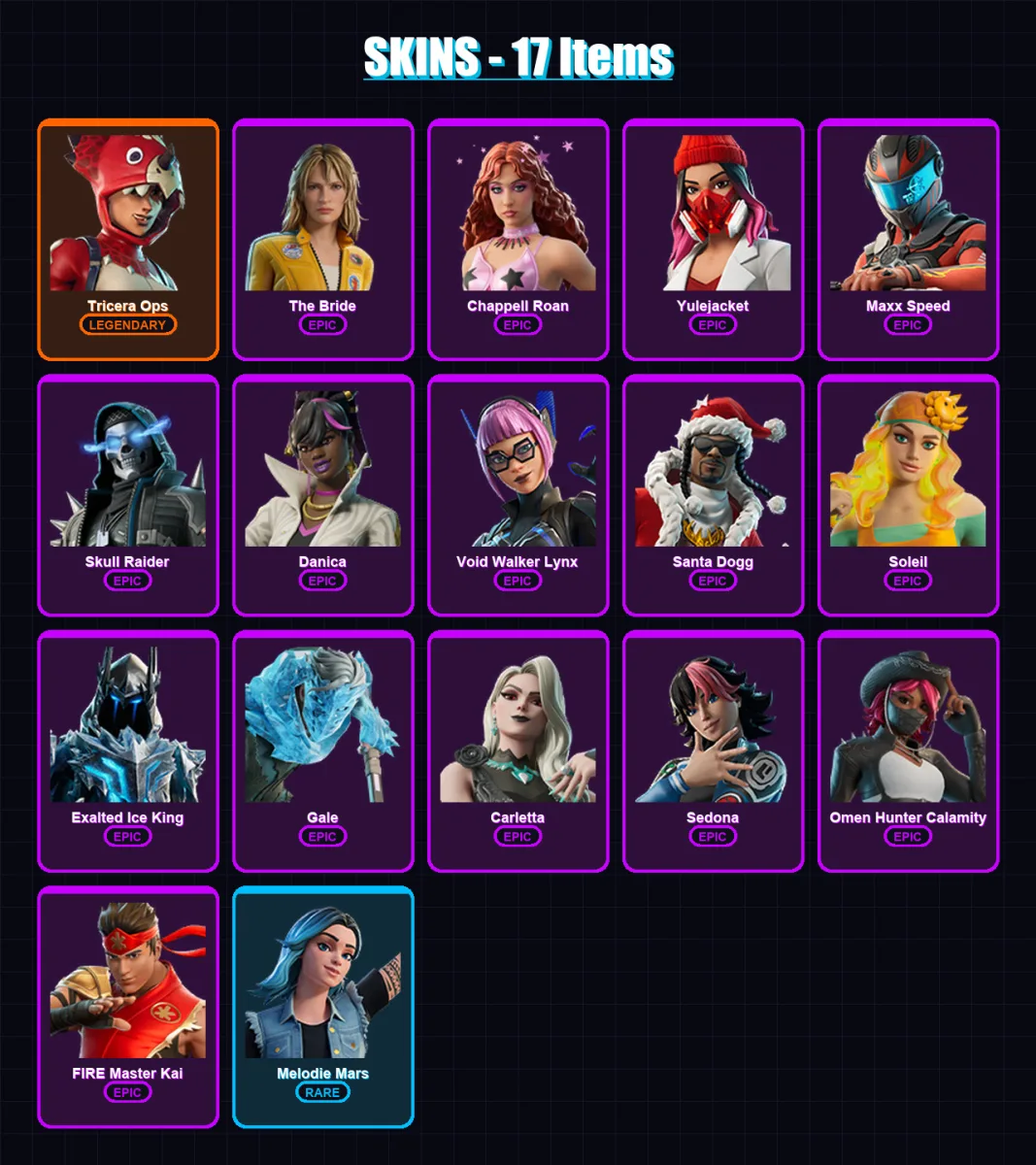 [PC/XBOX/PSN] | Tricera Ops | The Bride | Chappell Roan | Yulejacket | Maxx Speed | 17 skin | 26 pickaxe | 9 emote | 15 glider | Lv147 — Fortnite account