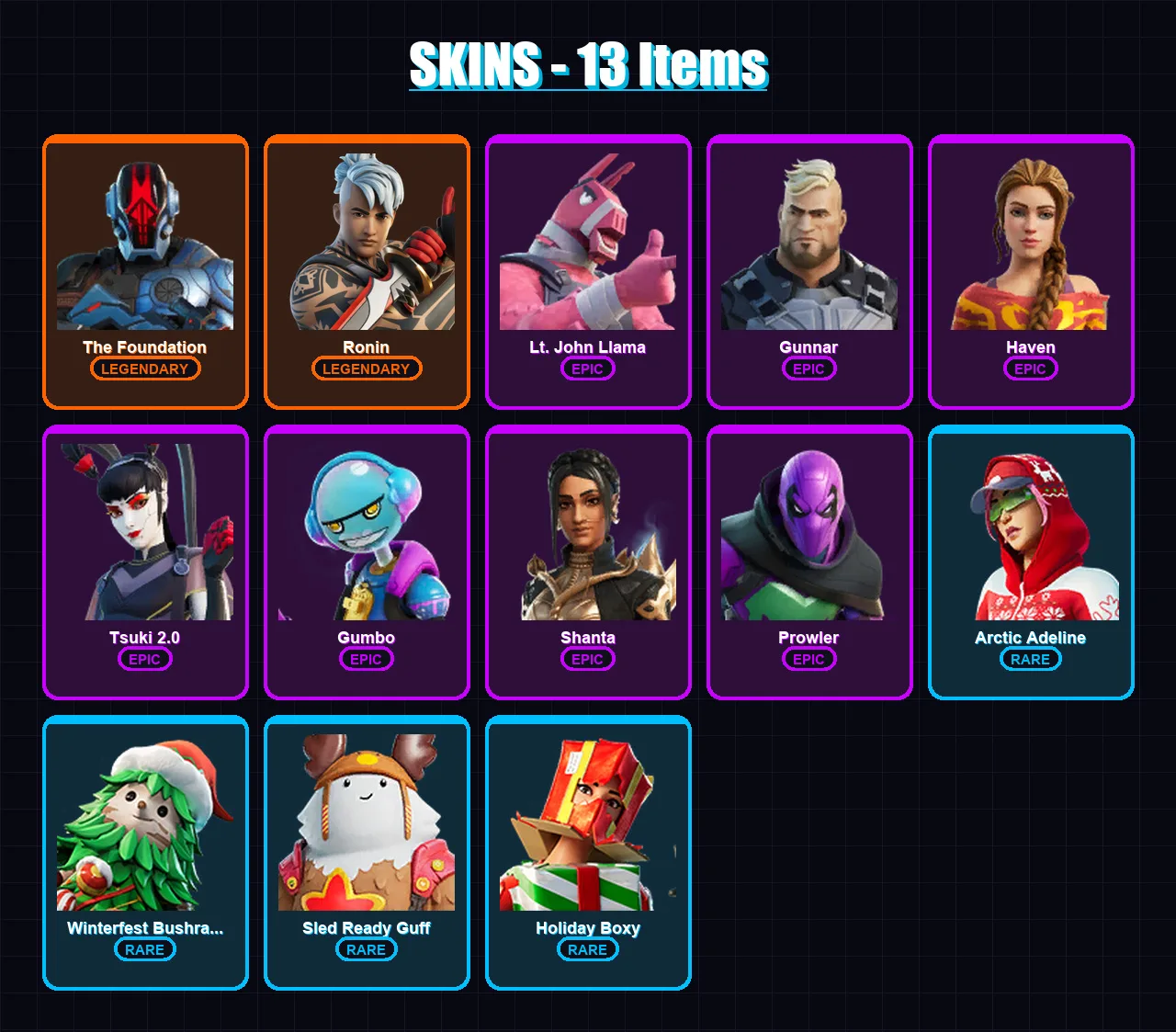 [PS4/PS5/XBOX/PC] | The Foundation | Ronin | Lt. John Llama | Gunnar | Haven | 13 skin | 21 pickaxe | 20 emote | 29 glider | Lv360