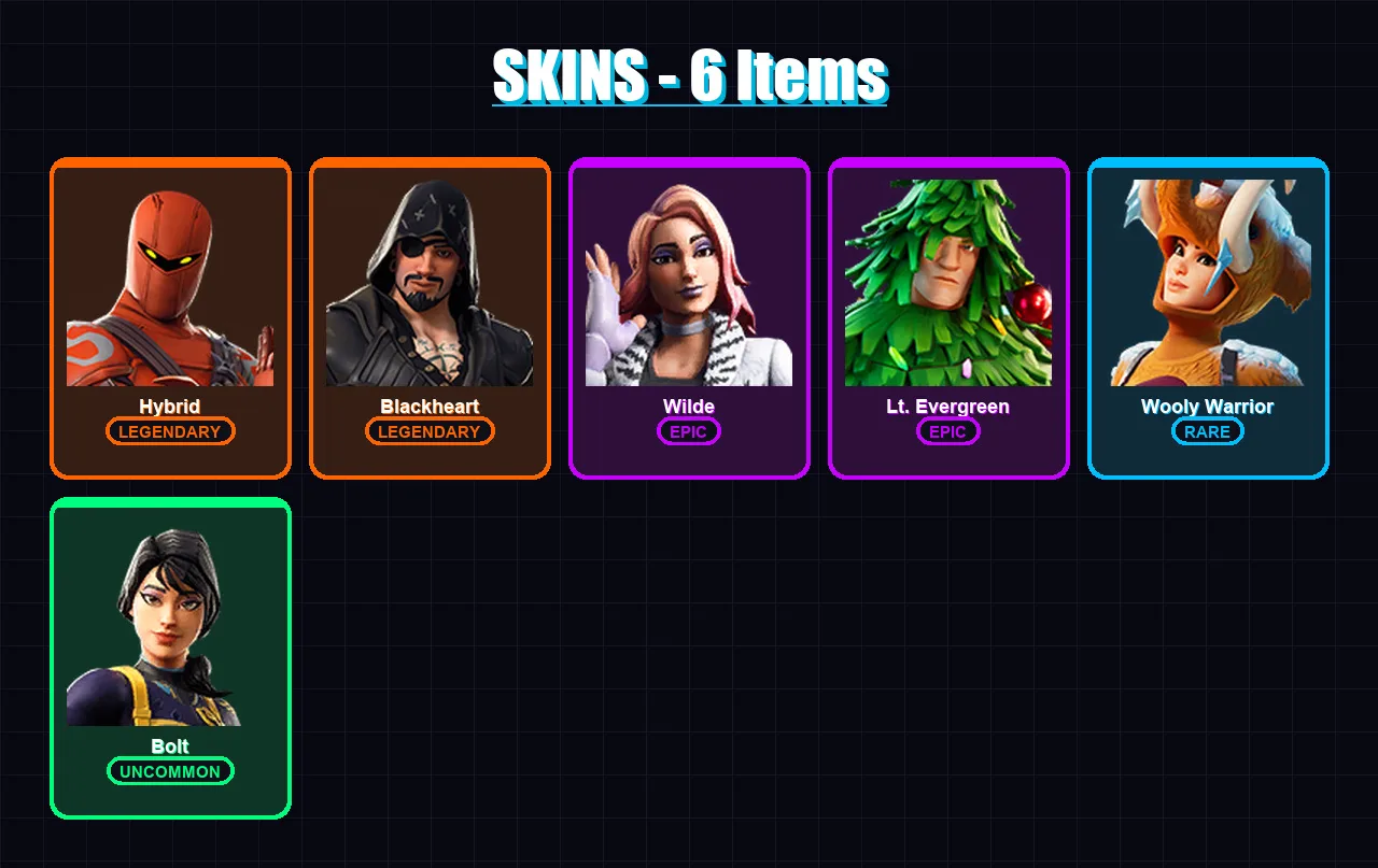 [PC/XBOX/PSN] | Hybrid | Blackheart | Wilde | Lt. Evergreen | Wooly Warrior | 6 skin | 12 pickaxe | 15 emote | 12 glider | Lv251