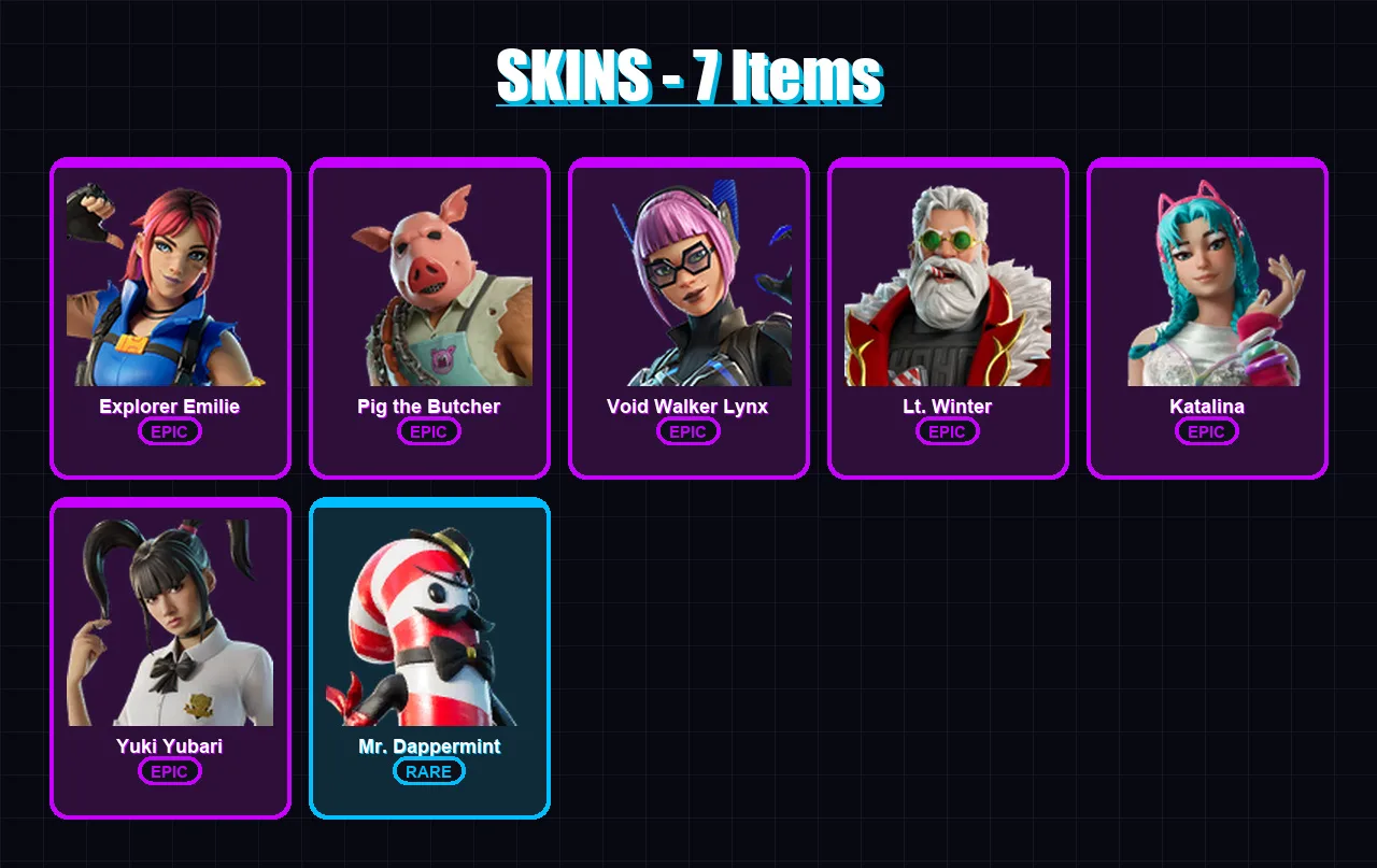 [PC/PSN] | Explorer Emilie | Pig the Butcher | Void Walker Lynx | Lt. Winter | Katalina | 7 skin | 33 pickaxe | 15 emote | 16 glider | Lv335