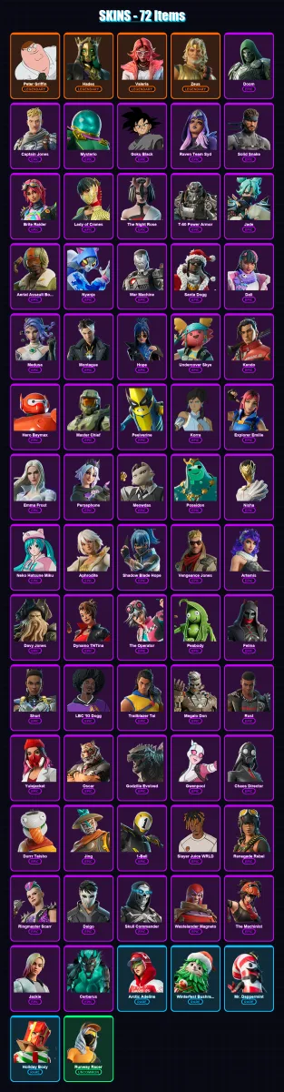 [PC/XBOX/PSN] | Peter Griffin | Hades | Valeria | Zeus | Doom | 72 skin | 99 pickaxe | 88 emote | 63 glider | Lv878