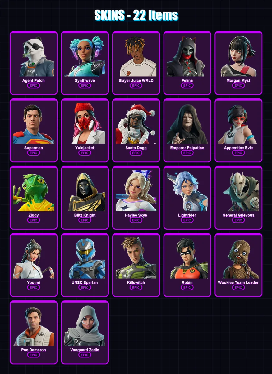 [PC/XBOX/PSN] | Agent Patch | Synthwave | Slayer Juice WRLD | Felina | Morgan Myst | 22 skin | 65 pickaxe | 27 emote | 42 glider | Lv661