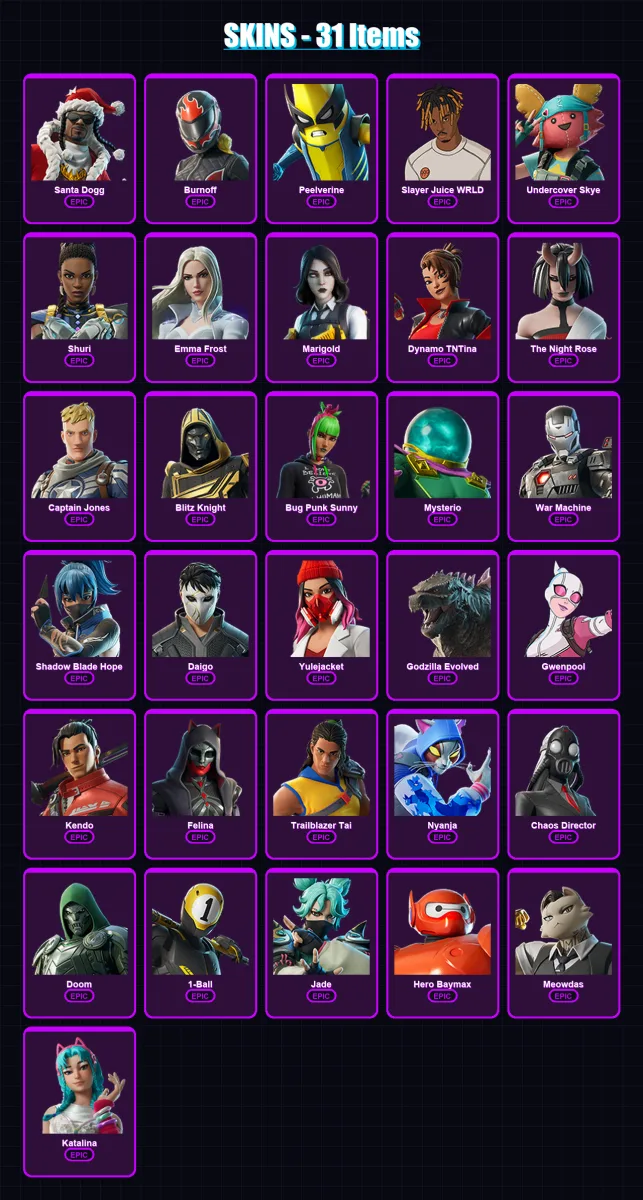 [PC/XBOX/PSN] | Santa Dogg | Burnoff | Peelverine | Slayer Juice WRLD | Undercover Skye | 31 skin | 80 pickaxe | 39 emote | 45 glider | Lv713
