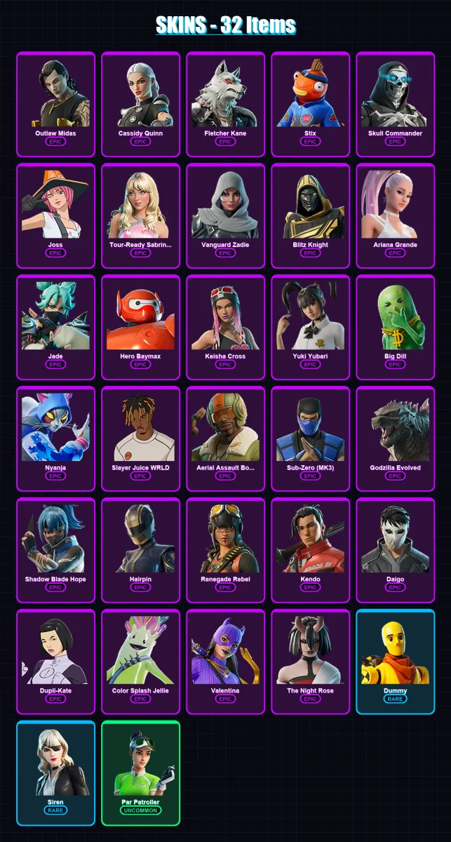 [PS4/PS5/XBOX/PC] | Outlaw Midas | Cassidy Quinn | Fletcher Kane | Stix | Skull Commander | 32 skin | 57 pickaxe | 45 emote | 36 glider | Lv740