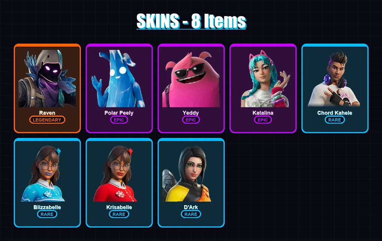 [PC/PSN] | Raven | Polar Peely | Yeddy | Katalina | Chord Kahele | 8 skin | 32 pickaxe | 13 emote | 19 glider | Lv269