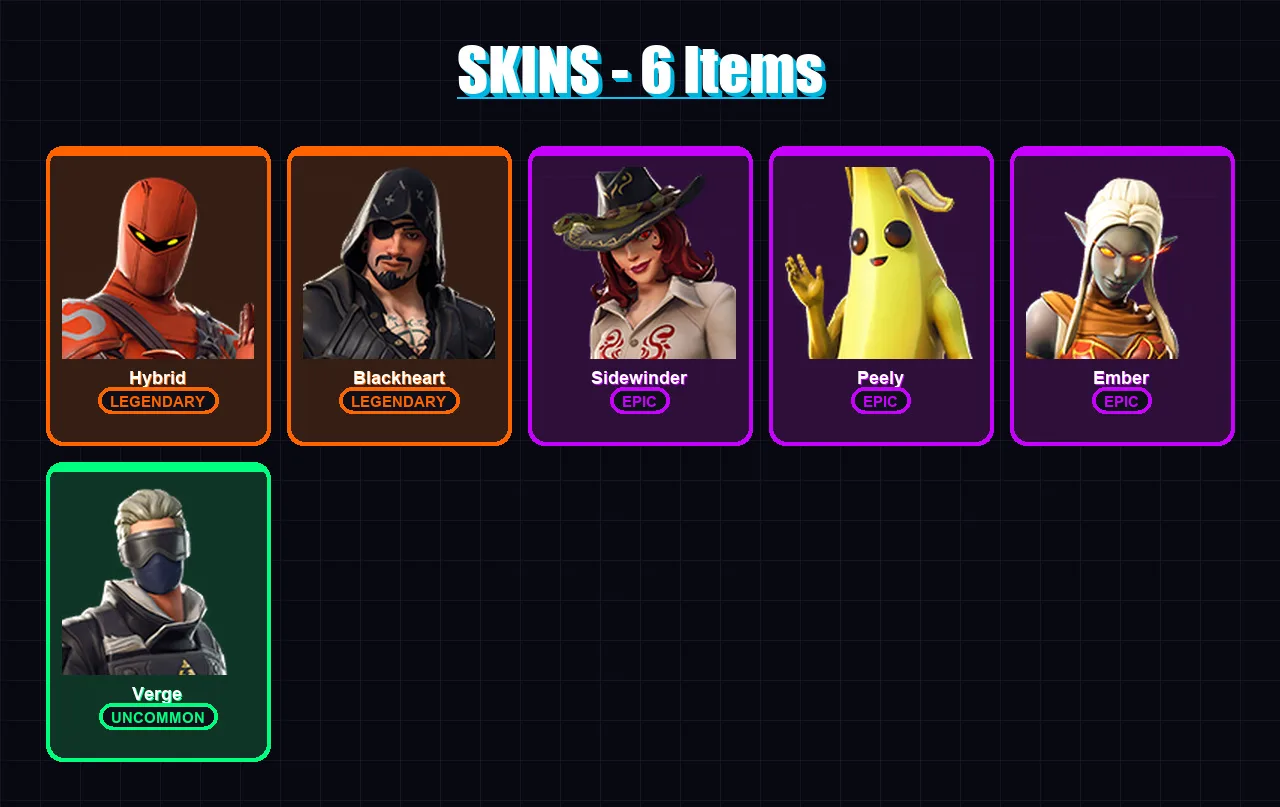 [PC/XBOX/PSN] | Hybrid | Blackheart | Sidewinder | Peely | Ember | 6 skin | 7 pickaxe | 16 emote | 10 glider | Lv193
