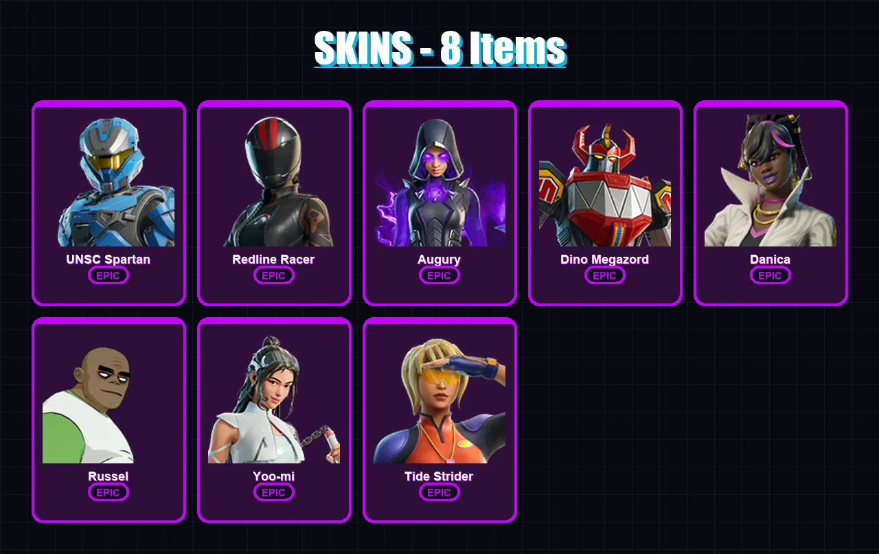 [PC/PSN] | UNSC Spartan | Redline Racer | Augury | Dino Megazord | Danica | 8 skin | 12 pickaxe | 6 emote | 4 glider | Lv32
