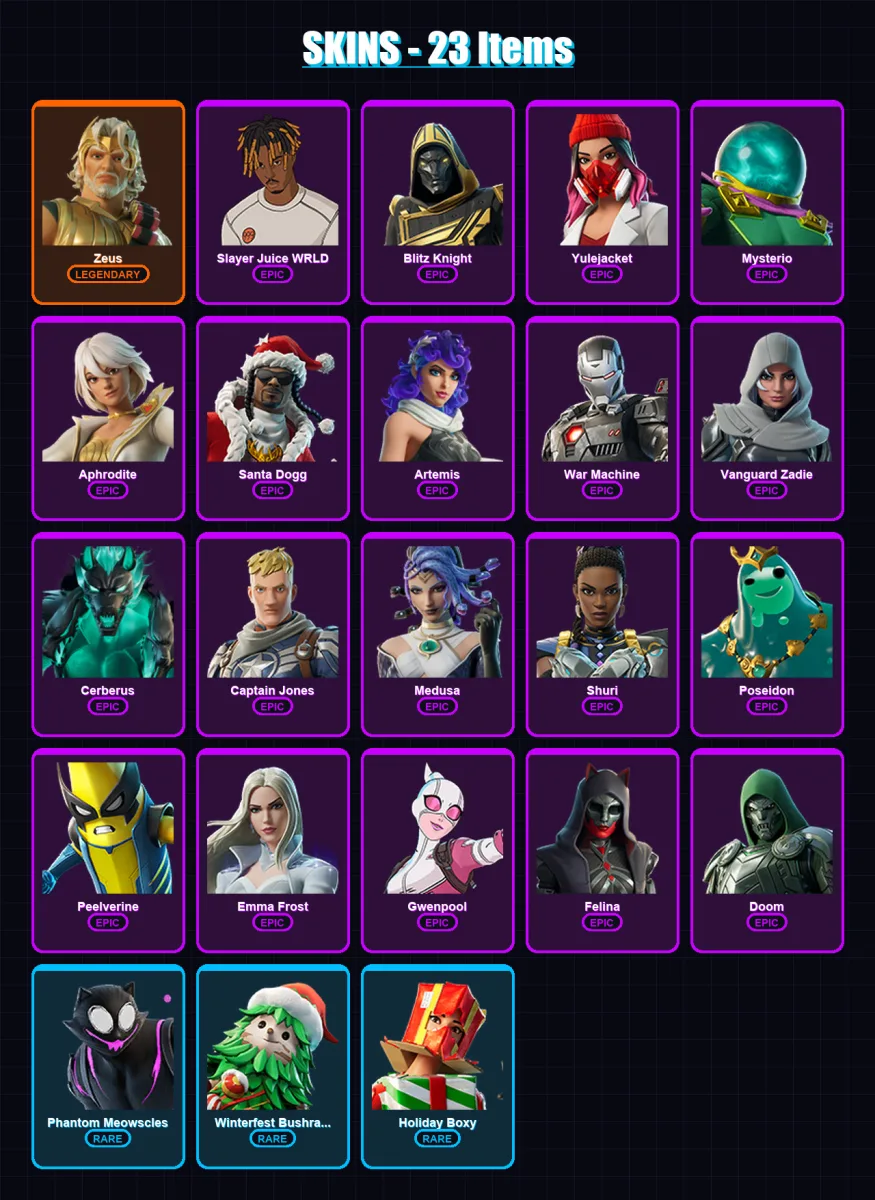 [PC/XBOX/PSN] | Zeus | Slayer Juice WRLD | Blitz Knight | Yulejacket | Mysterio | 23 skin | 69 pickaxe | 40 emote | 45 glider | Lv715