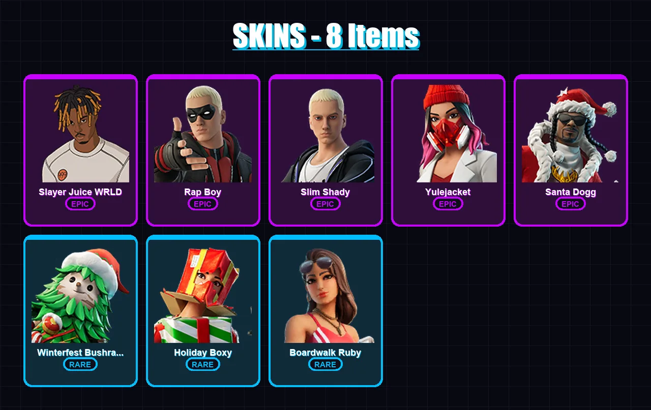 [PC/XBOX] | Slayer Juice WRLD | Rap Boy | Slim Shady | Yulejacket | Santa Dogg | 8 skin | 20 pickaxe | 12 emote | 12 glider | Lv198
