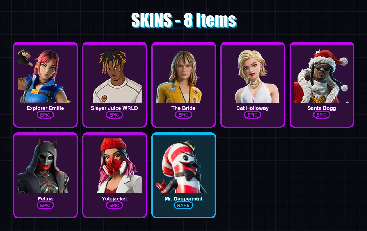 [PC/XBOX/PSN] | Explorer Emilie | Slayer Juice WRLD | The Bride | Cat Holloway | Santa Dogg | 8 skin | 28 pickaxe | 16 emote | 24 glider | Lv415