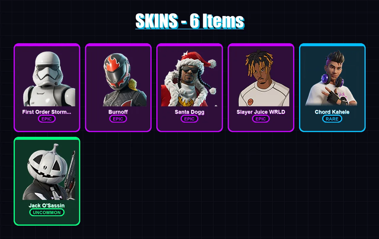 [PC/XBOX] | First Order Stormtrooper | Burnoff | Santa Dogg | Slayer Juice WRLD | Chord Kahele | 6 skin | 29 pickaxe | 10 emote | 18 glider | Lv125