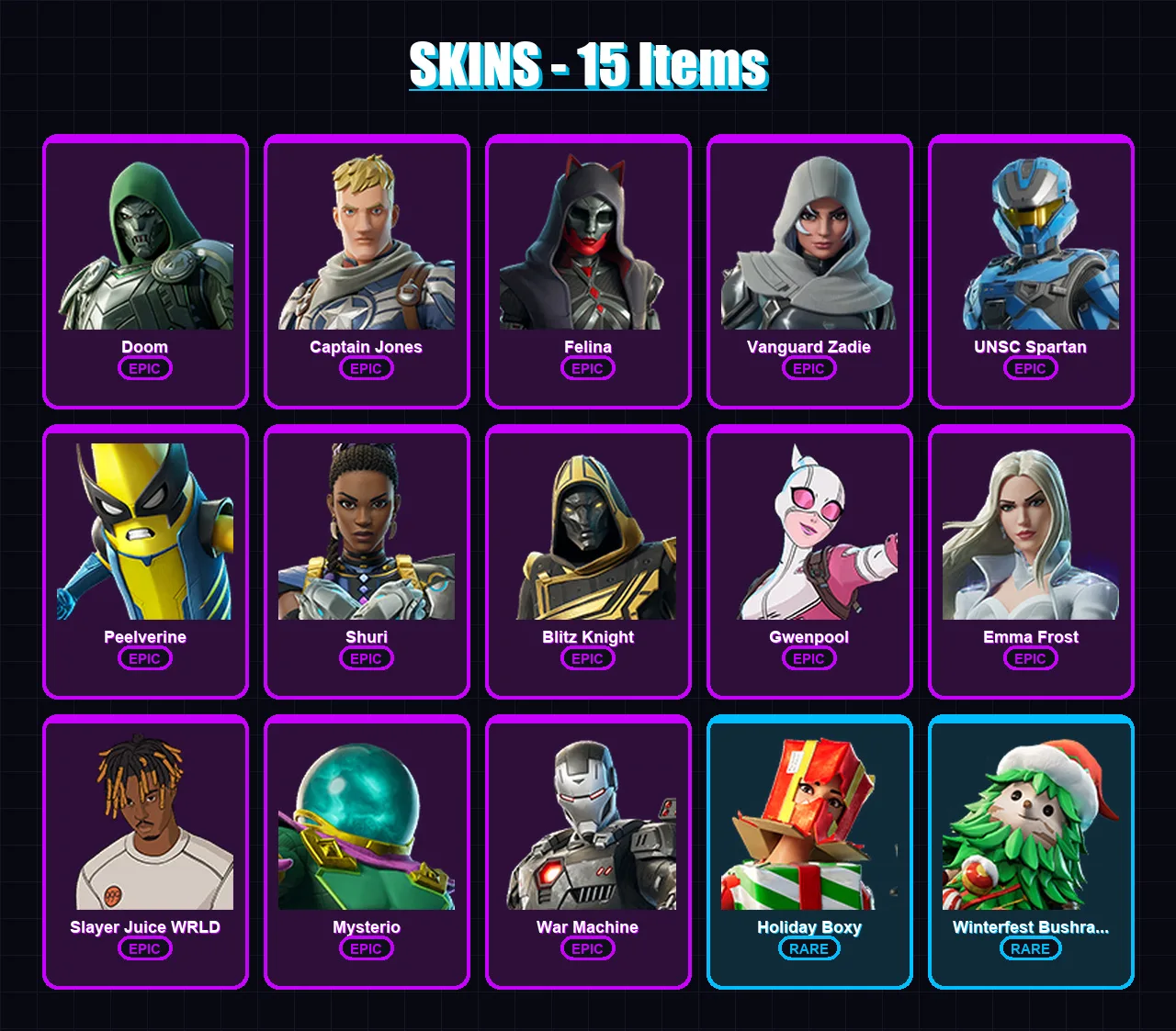 [PC/XBOX/PSN] | Doom | Captain Jones | Felina | Vanguard Zadie | UNSC Spartan | 15 skin | 51 pickaxe | 23 emote | 40 glider | Lv585