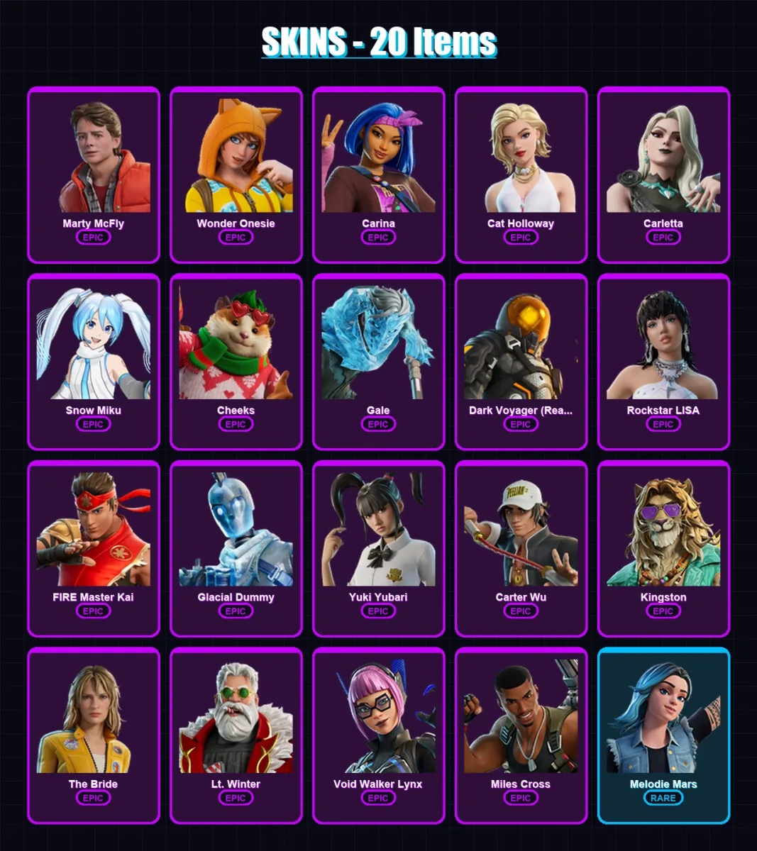 [PC/XBOX/PSN] | Marty McFly | Wonder Onesie | Carina | Cat Holloway | Carletta | 20 skin | 31 pickaxe | 21 emote | 21 glider | Lv160