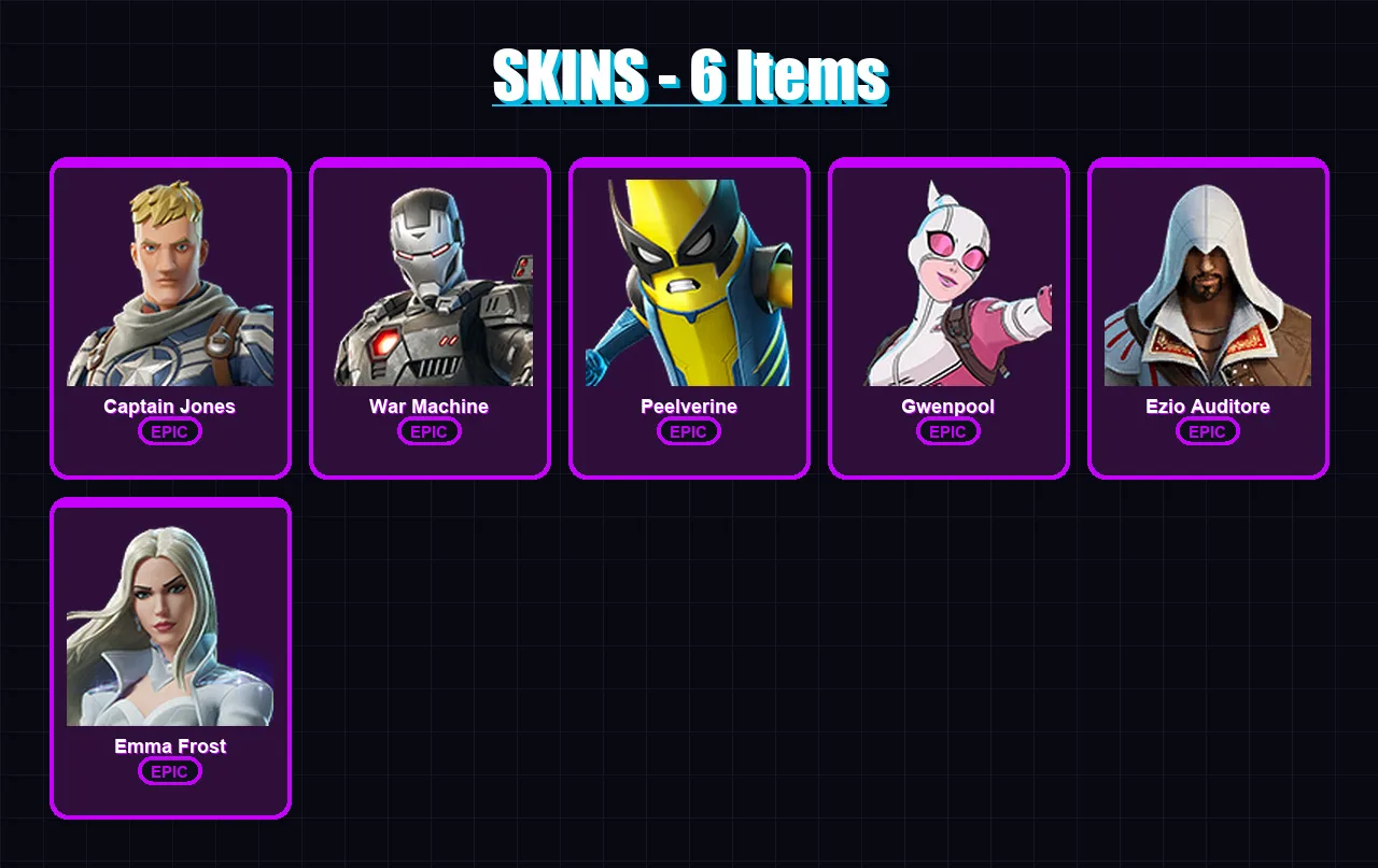 [PC/XBOX/PSN] | Captain Jones | War Machine | Peelverine | Gwenpool | Ezio Auditore | 6 skin | 11 pickaxe | 10 emote | 12 glider | Lv125