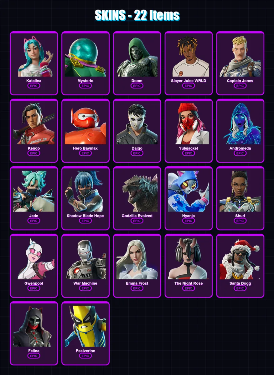 [PC/XBOX/PSN] | Katalina | Mysterio | Doom | Slayer Juice WRLD | Captain Jones | 22 skin | 43 pickaxe | 25 emote | 27 glider | Lv403