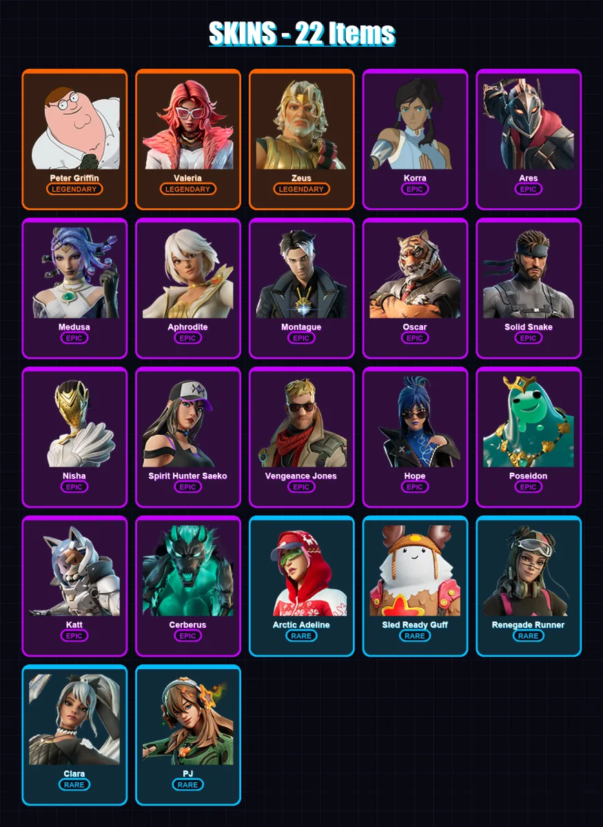 [PC/XBOX/PSN] | Peter Griffin | Valeria | Zeus | Korra | Ares | 22 skin | 32 pickaxe | 33 emote | 20 glider | Lv244