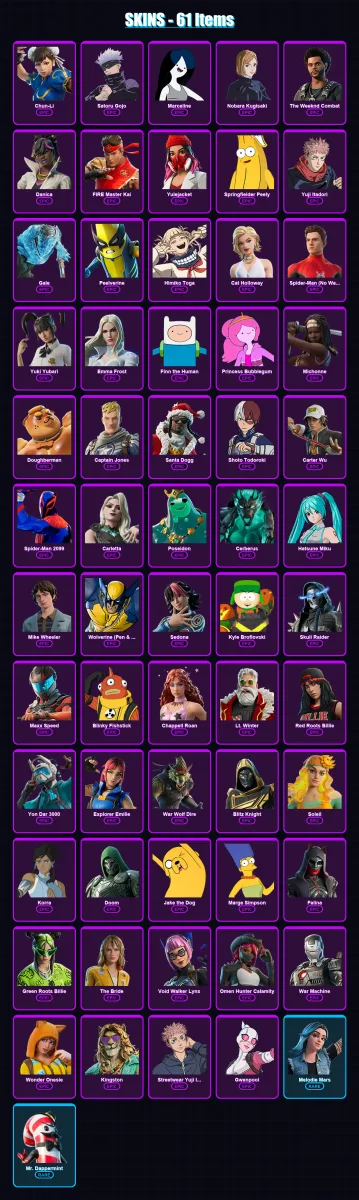 [PC/XBOX/PSN] | Chun-Li | Satoru Gojo | Marceline | Nobara Kugisaki | The Weeknd Combat | 61 skin | 101 pickaxe | 54 emote | 55 glider | Lv538