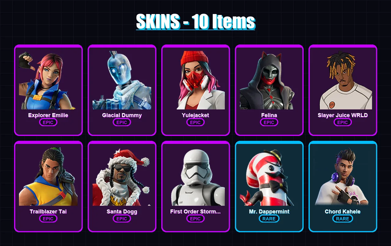 [PS4/PS5/XBOX/PC] | Explorer Emilie | Glacial Dummy | Yulejacket | Felina | Slayer Juice WRLD | 10 skin | 48 pickaxe | 20 emote | 43 glider | Lv518