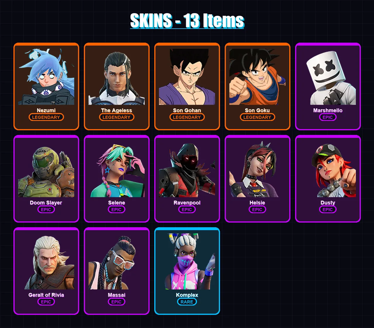 [PC/XBOX/PSN] | Nezumi | The Ageless | Son Gohan | Son Goku | Marshmello | 13 skin | 18 pickaxe | 19 emote | 16 glider | Lv236