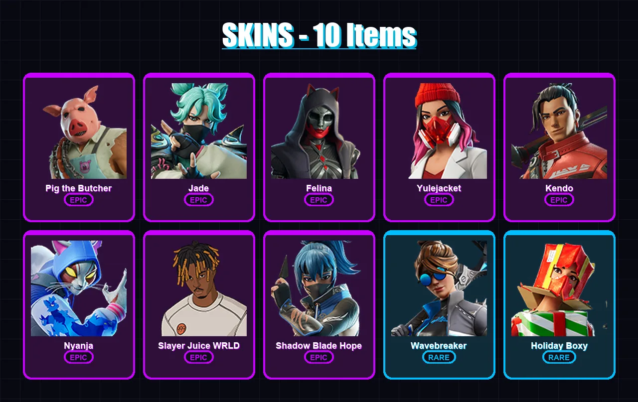 [PC/XBOX/PSN] | Pig the Butcher | Jade | Felina | Yulejacket | Kendo | 10 skin | 30 pickaxe | 15 emote | 19 glider | Lv280