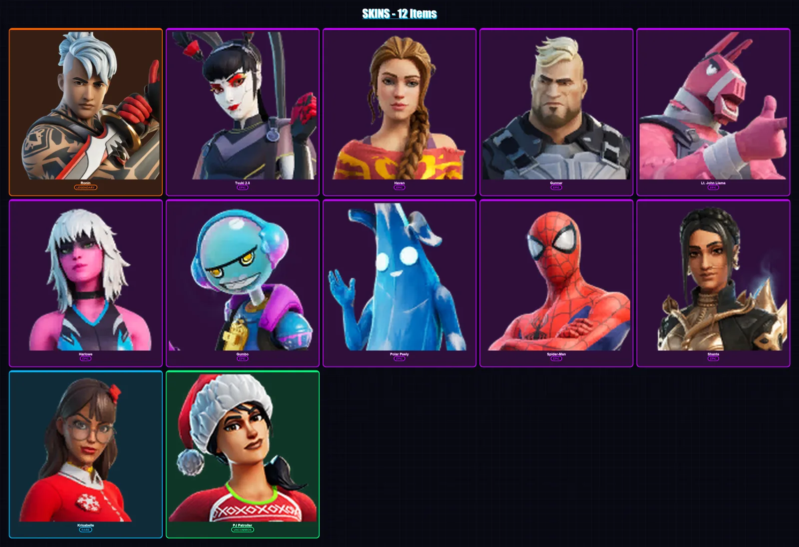 [PS4/PS5/XBOX/PC] | Ronin | Tsuki 2.0 | Haven | Gunnar | Lt. John Llama | 12 skin | 14 pickaxe | 9 emote | 13 glider | Lv123