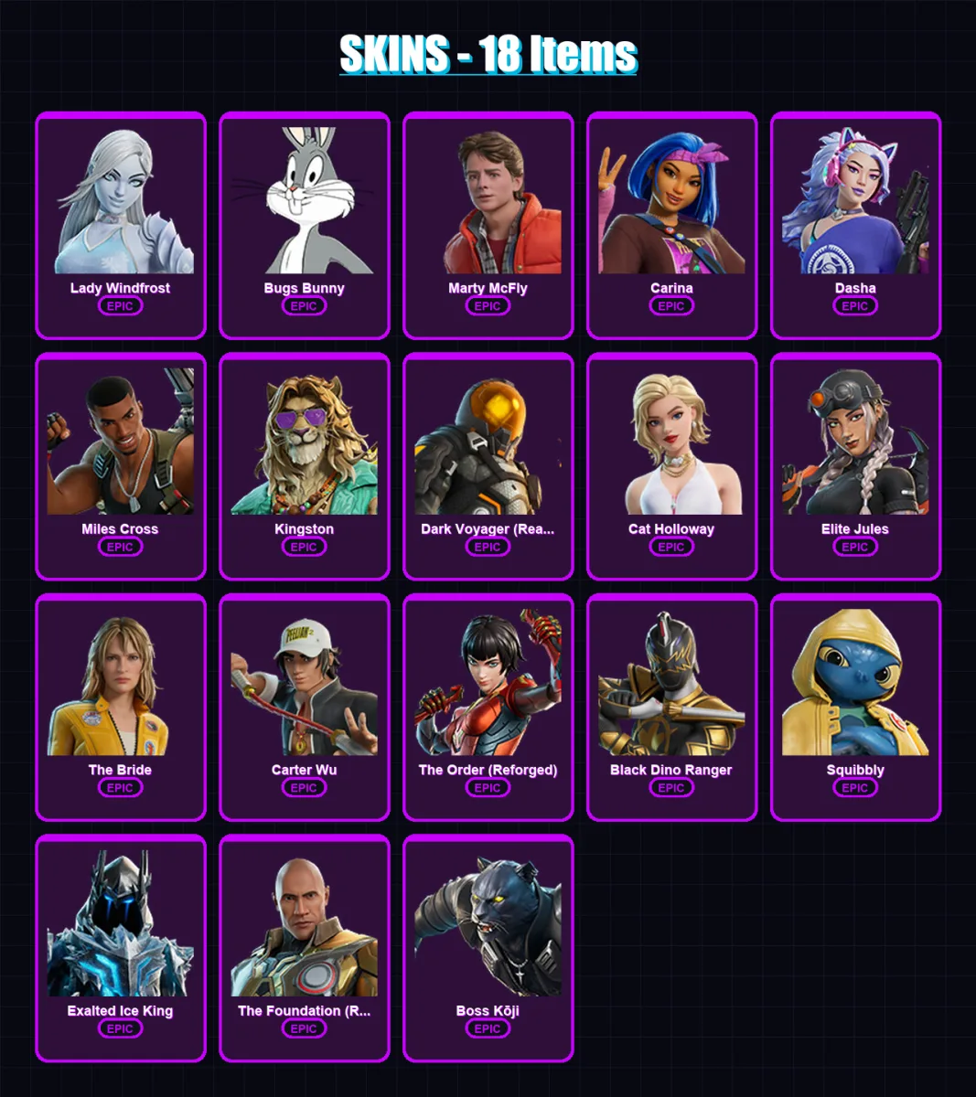 [PC/XBOX/PSN] | Lady Windfrost | Bugs Bunny | Marty McFly | Carina | Dasha | 18 skin | 36 pickaxe | 26 emote | 27 glider | Lv419