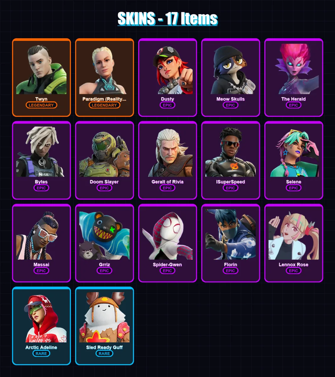 [PS4/PS5/XBOX/PC] | Twyn | Paradigm (Reality-659) | Dusty | Meow Skulls | The Herald | 17 skin | 26 pickaxe | 16 emote | 23 glider | Lv290